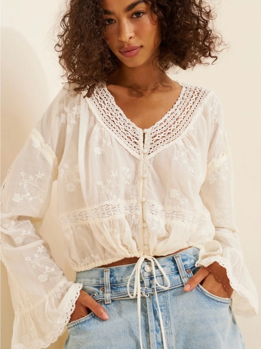 Free People Ivory Crochet-Trim Peasant Blouse NWOT